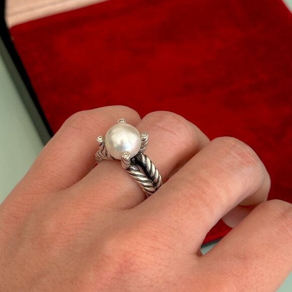 David Yurman Sterling Silver Cable Ring with Pearl & Diamonds – SIZE 7 - Picture 1 of 6